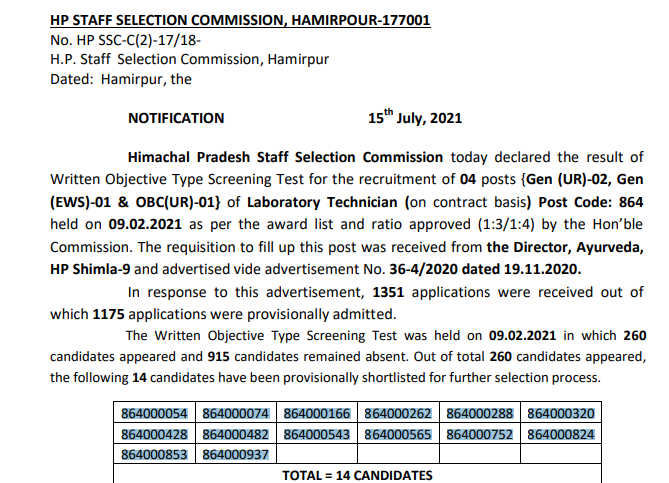 HPSSC Laboratory technician result