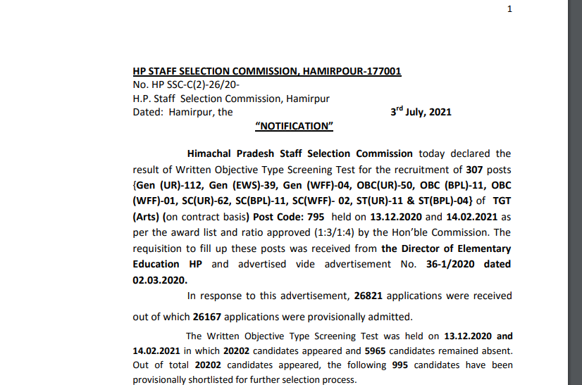 TGT Arts Result Notification