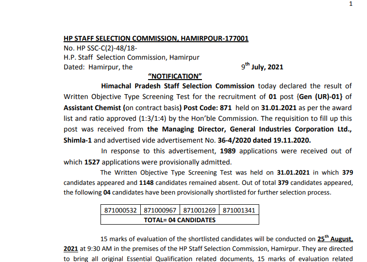 assistant chemist result