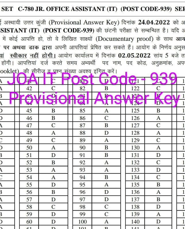 JOA IT Post Code 939 Provisional Answer Key